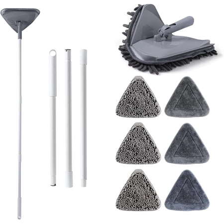 Eyliden Wall Cleaner Mop with Squeegee, 3-in-1 Rotatable Triangle Cleaning Mop with 6 Replacement Microfiber Chenille Pads, Ceiling and Baseboard Cleaner Tool Duster for Multiple Surface Floors Windo