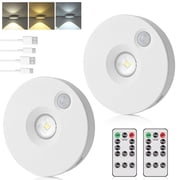 Eyotto 2 Pack Cabinet Lights, Motion Sensor Night Wall Lights with 3 Lighting Colors, Rechargeable Magnetic Round LED Night Light, Remote Control Wall Light for Living Room Bedroom