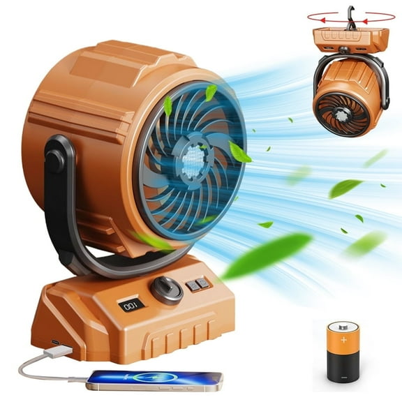 Eyotto Camping Fan with 270°Rotation , 6000mAh Portable Rechargeable Outdoor Camping Fan with Digital Display Light, 3 Modes Fan Lighting with Hook for Outdoor Camping Hiking Working Climbing Tent