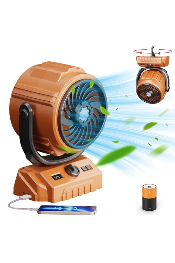 Camping Fan with 270°Rotation , 6000mAh Portable Rechargeable Outdoor Camping Fan with Digital Display Light, 3 Modes Fan Lighting with Hook for Outdoor Camping Hiking Working Climbing Tent