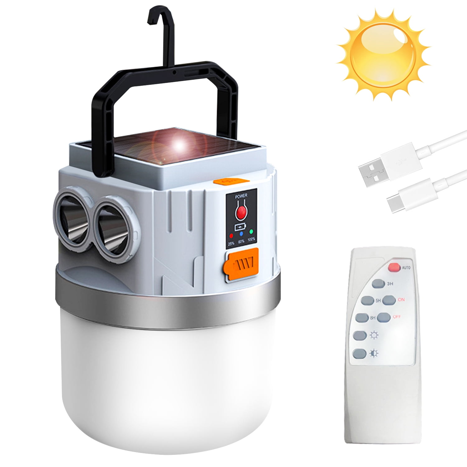 Eyotto Camping Solar Light with 2 Flashlights, 3000mAh Solar Camping Lantern with Hook, 4 Lighting Modes Outdoor Flashlight with Romote Control for Camping Hiking Picnic Tent Light