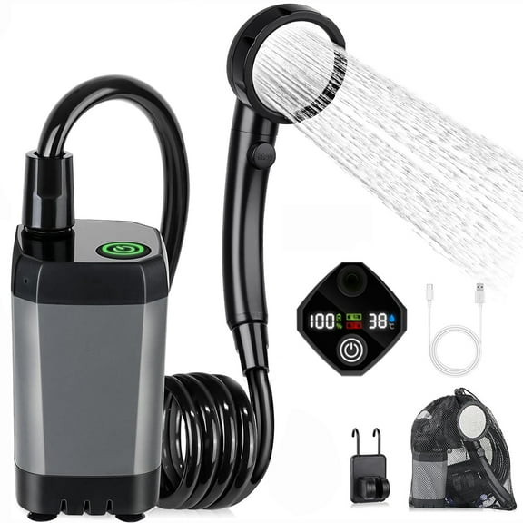 Eyotto Camping Portable Shower with LED Digital Display, 6000mAh Rechargeable Adjustable Camping Shower Kit with Storage Bag for Outdoor Activities Camping Hiking Beach Trip Car Wash