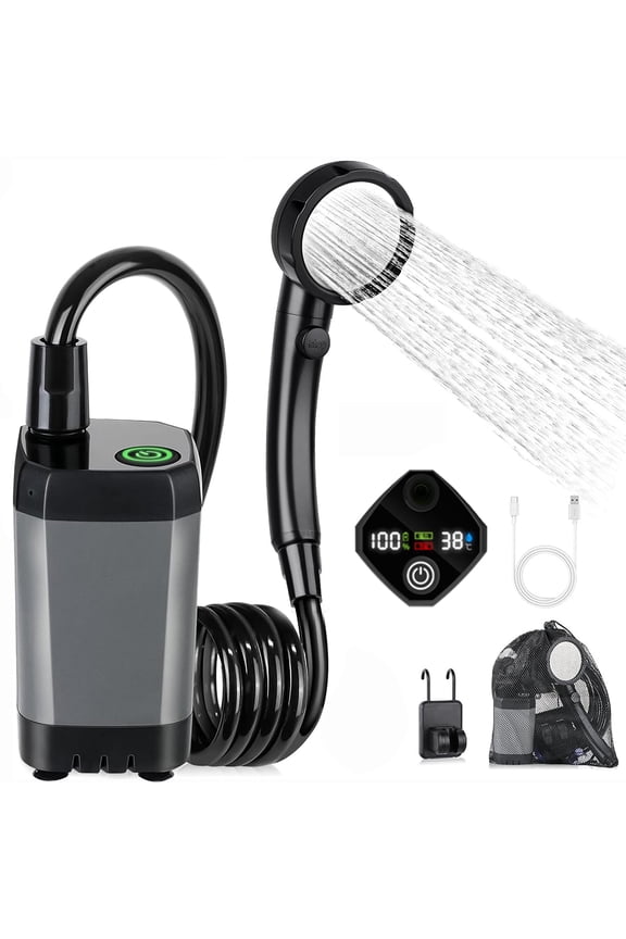 Camping Portable Shower with LED Digital Display, 6000mAh Rechargeable Adjustable Camping Shower Kit with Storage Bag for Outdoor Activities Camping Hiking Beach Trip Car Wash