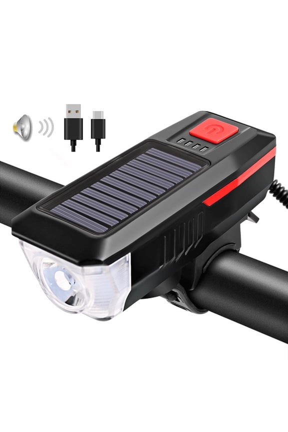 Solar Bike Light Set with Alarming, Solar LED Bicycle Light Rechargeble Lighting with Horn, Bike Horn LED Headlight with 3 Lighting Modes