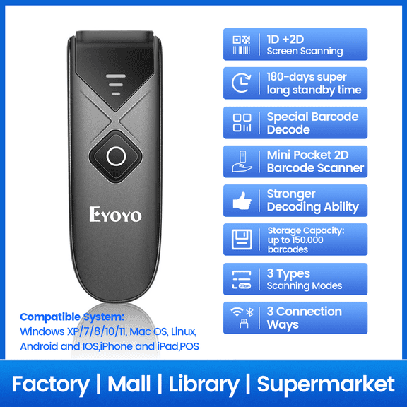 Eyoyo 1D 2D QR Code Barcode Scanner, Portable Mini Reader with 2.4G Wireless/Bluetooth/USB Wired ,Compatible with iPad, Phone, Android, Tablet PC