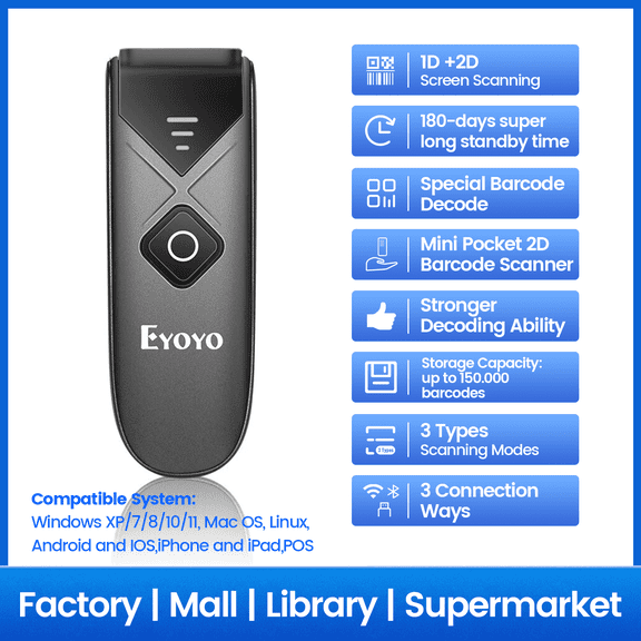Eyoyo 1D 2D QR Code Barcode Scanner, Portable Mini Reader with 2.4G Wireless/Bluetooth/USB Wired ,Compatible with iPad, Phone, Android, Tablet PC