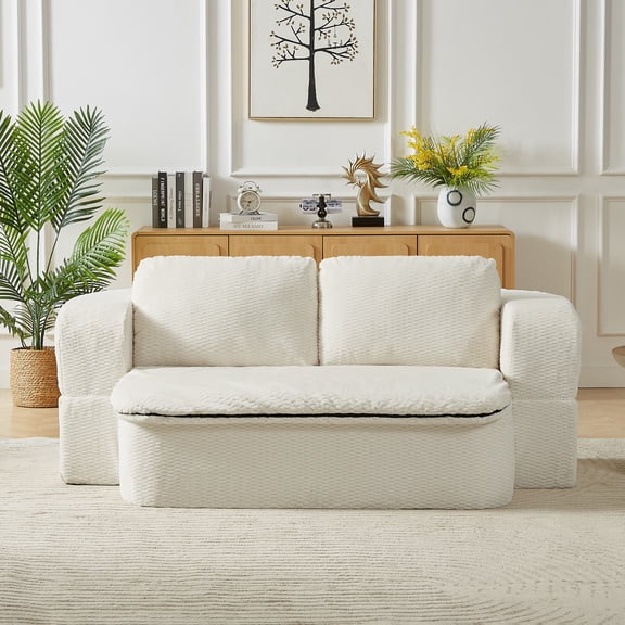 Eysiean 75" Modern Folding Sofa Bed, Comfy Boneless Convertible Sleeper Sofa, Modern Foldable Futon Floor Couch with Blanket, Fluffy Plush Corduory Small Couches for Living Room