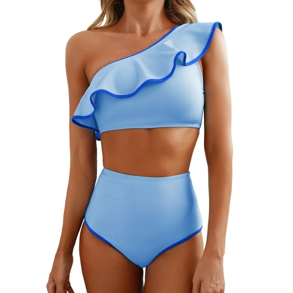Eytino 2 Piece Swimsuit for Women One Shoulder High Waisted Bikini Sets Color Block Trim Ruffle Hem Bathing Suits Beach Swimwear Sky Blue XL