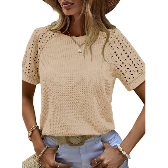 Eytino Basic Tees for Women Tops Waffle Knit Casual Crew Neck T Shirts Hollow Out Raglan Short Sleeve Summer Tops Blouses S-2XL Gold