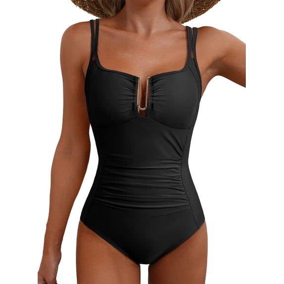 Eytino Bathing Suit Tummy Control One Piece Swimsuit U-Wire Cutout Ruched Slimming Swim Suit Swimwear