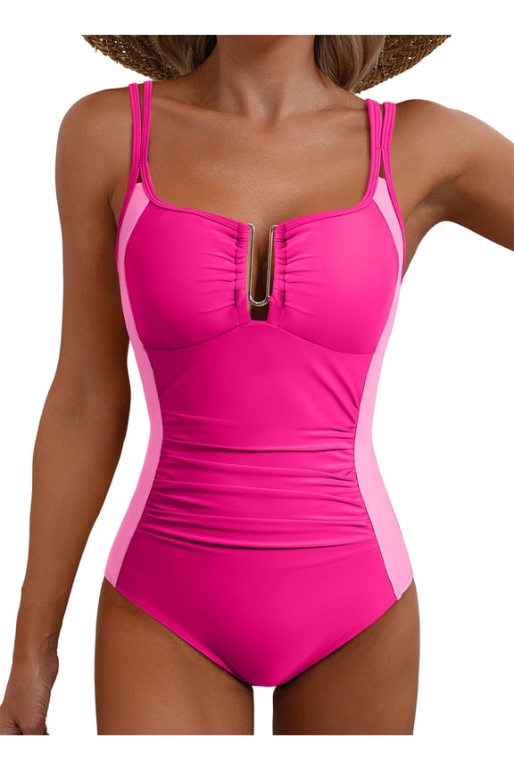 Bathing Suit Tummy Control One Piece Swimsuit U-Wire Cutout Ruched Slimming Swim Suit Swimwear