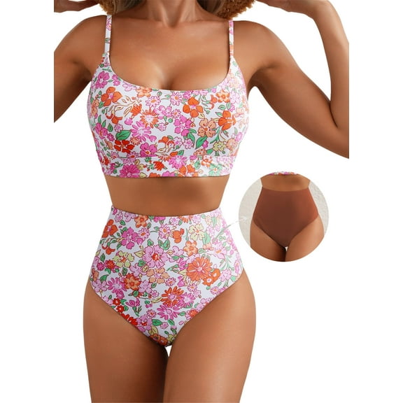 Eytino Bathing Suit Women High Waisted Bikini Sets Color Block Swimming Suits with Reversible Bottom Two Piece Bathing Suits Swimwear Pink