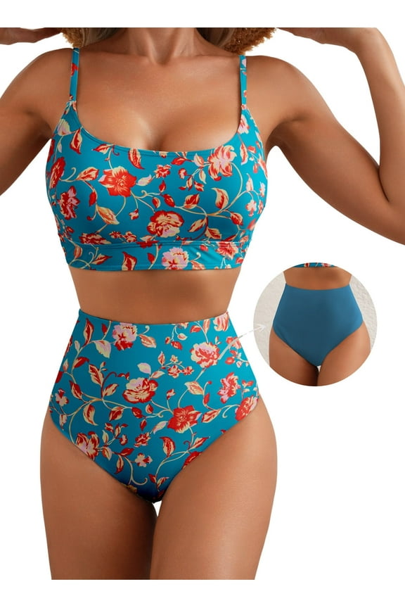Bathing Suit for Women High Waisted Bikini Sets Tummy Control Swimsuits Two Piece Swim Suits Color Block Bathing Suits Swim Top with Reversible Bottom Swimwear Blue