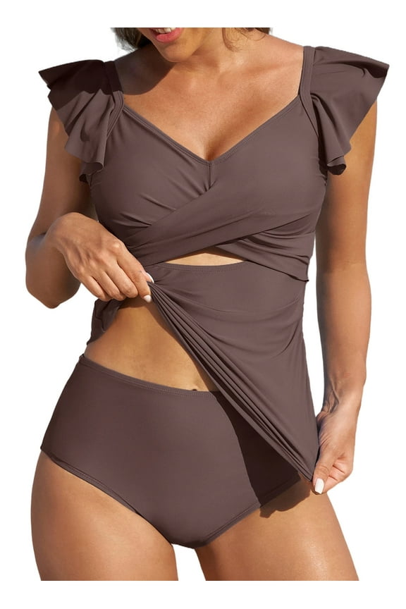 Bathing Suit for Women Two Piece Tankini Swimsuits Tummy Control V Neck Cutout Ruffled Swim Suits with High Waisted Bottom Swimwear Brown S-2XL
