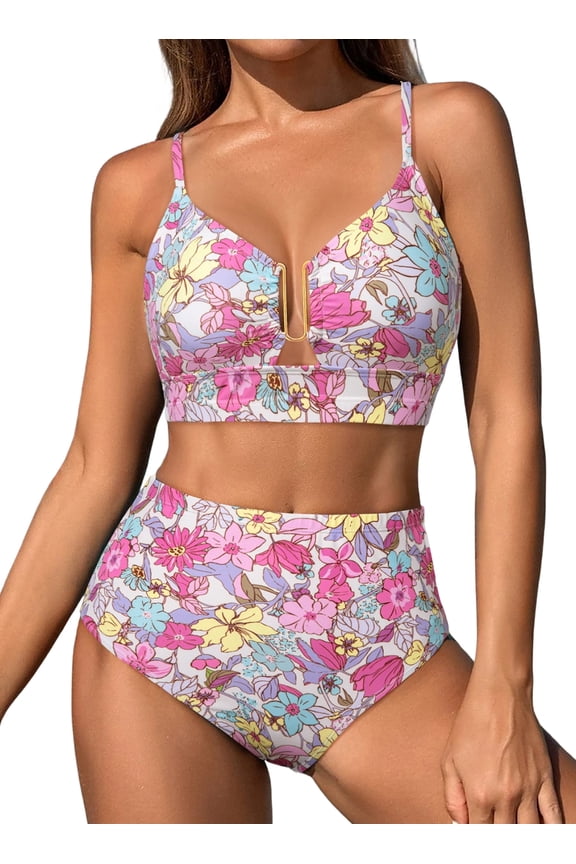 Bathing Suit Women's 2 Piece U Wire Bikini Sets High Waisted Floral Print Crisscross Back Beach Summer Swimwear