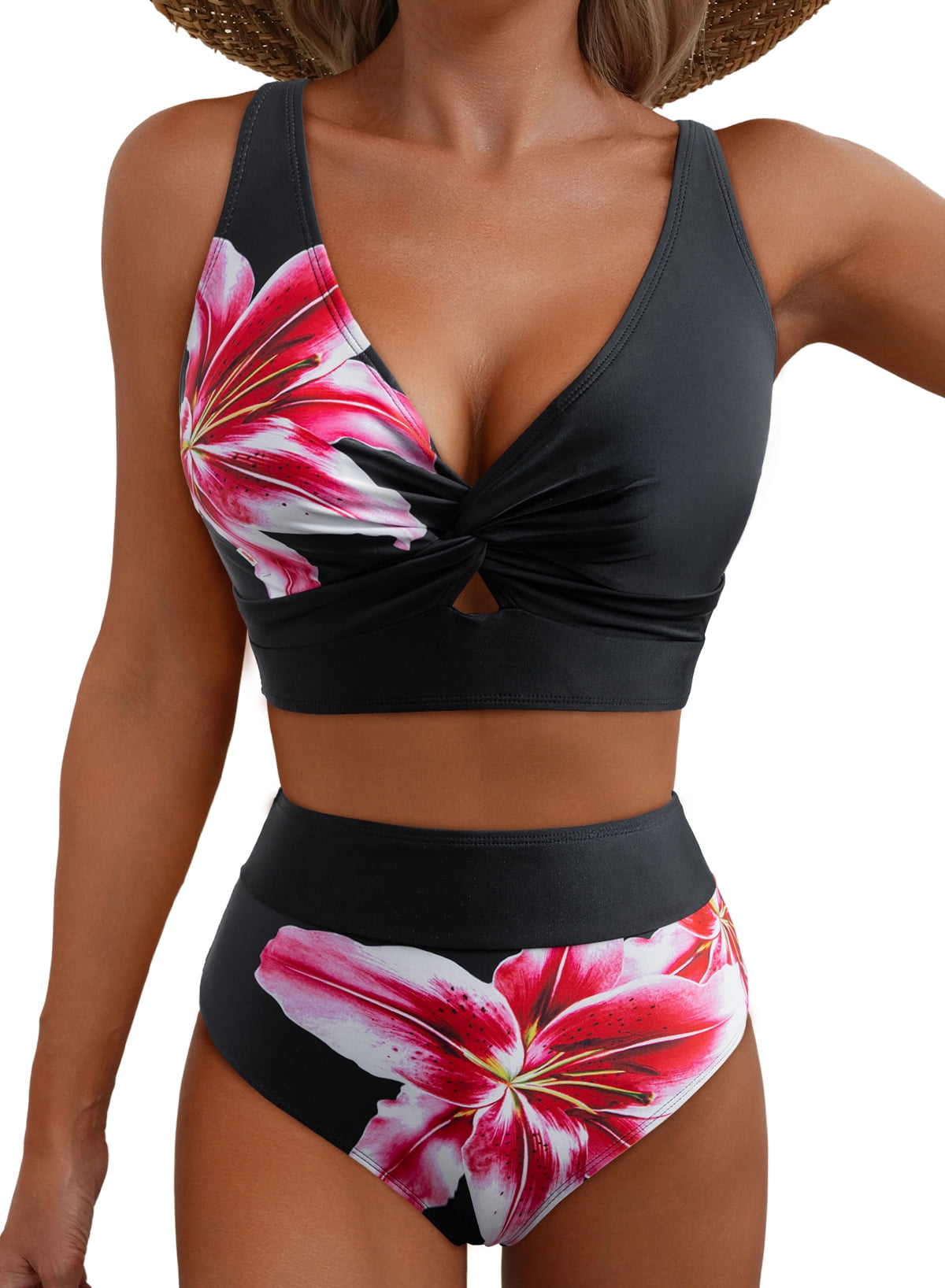 Eytino Bathing Suit Women's Bikini Set High Waisted Twist Colorblock Two Piece Bathing Suit Beach Summer Swimwear