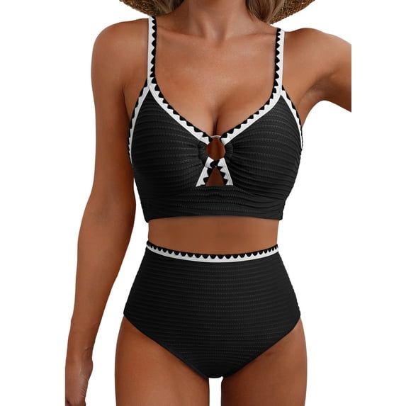 Eytino Bathing Suit Women's Textured Bikini Set High Waisted O Ring Colorblock Two Piece Bathing Suit Beach Summer Swimwear