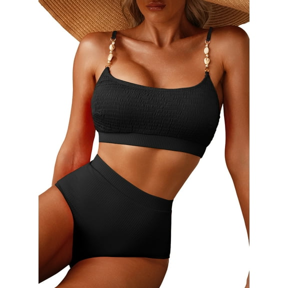 Eytino Bathing Suits for Women High Waisted Bikini Set Shirred Solid Color Two Piece Swimsuit Scoop Neck Shell Strap Bikini Swimwear 2025 Summer Swim Suit Black S