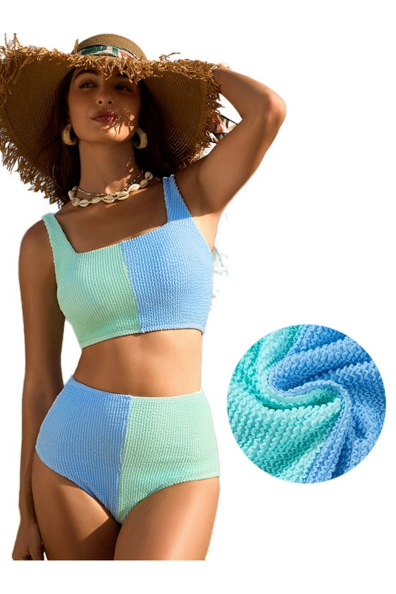 Bathing Suits for Women Swimsuits High Waisted Bikini Set Color Block Scrunch Square Neck 2 Piece Swimsuit 2025 Summer Beach Swimwear Swim Suits Blue Color Block M