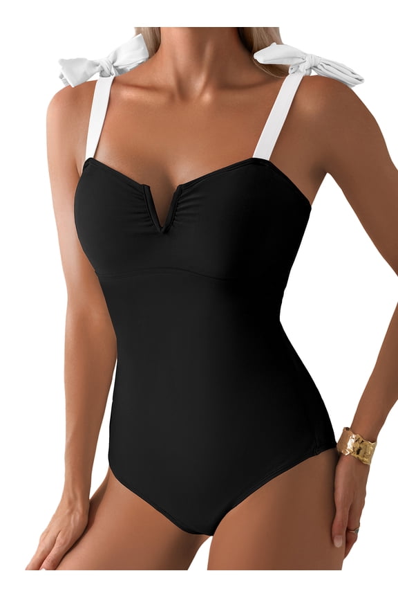 Bathing Suits Women's One Piece Swimwear Tummy Control V Neck Ruched Adjustable Tie Shoulder Full Coverage Bathing Suit