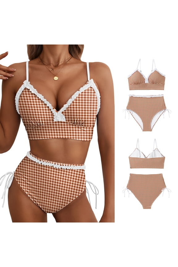 Bathing Suits for Women High Waisted Bikini Set Tummy Control 2 Piece Swimsuit with Ruffle Trim & Tie Side Brown Checkerboard S