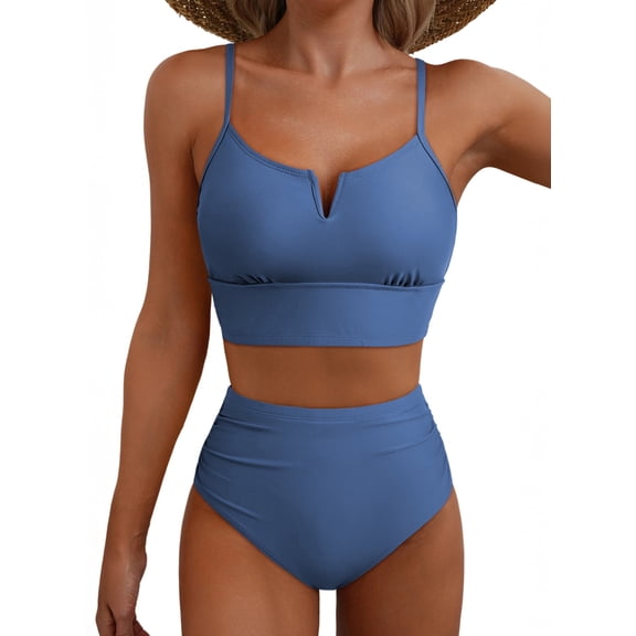 Eytino Bathing Suits for Women High Waisted Bikini Set V Wire Two Piece Swimsuits Swim Suits 2026 Tummy Control Ashleigh Blue M