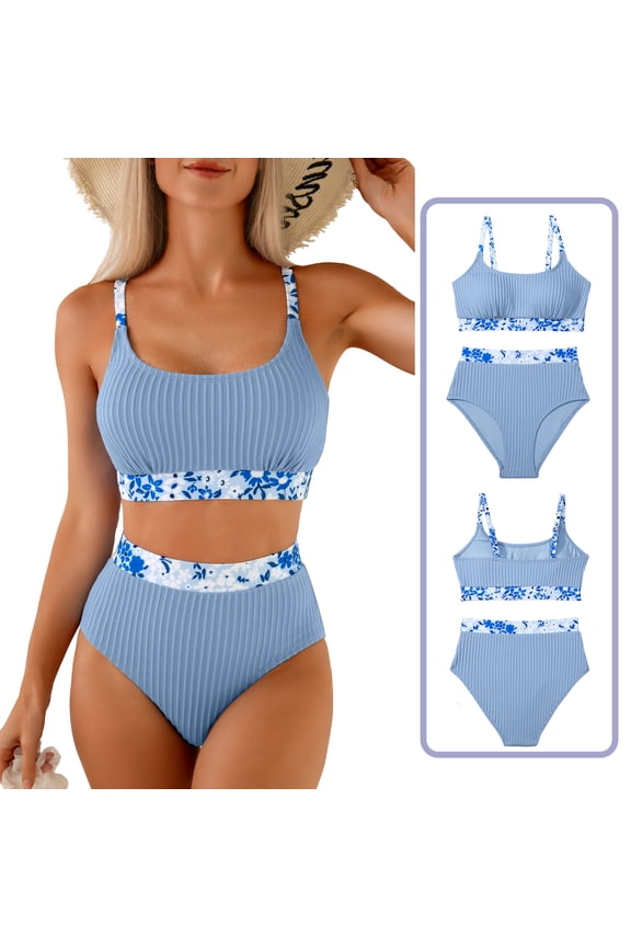 Bathing Suits for Women - High Waisted Bikini Set with Floral Print Scoop Neck & Textured Fabric Light Blue M