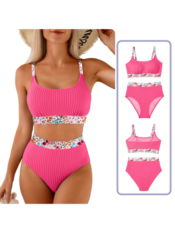 Bathing Suits for Women - High Waisted Bikini Set with Textured Fabric and Floral Print Trim Rose Red L