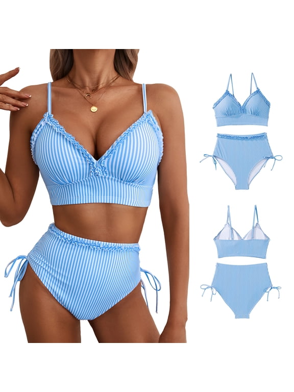 Bathing Suits for Women Splice Ruffle Trim Bikini Sets Tie Side Swimsuits High Waisted Bathing Suit 2026 Summer Swimwear Blue Stripes 2XL