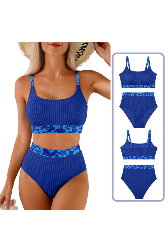 Bathing Suits for Women Textured Floral Print Bikini Set High Waisted Scoop Neck Swimsuits Dark Blue M