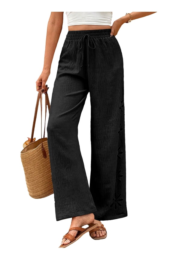 Beach Pants for Womens Wide Leg Summer Boho Drawstring Elastic Waist Trousers Boho Hollow Out Textured Trousers