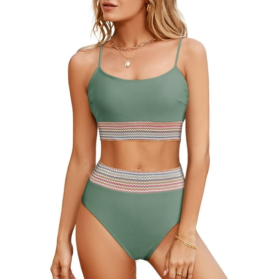 Eytino Bikini Set for Women Two Piece Swimsuit Colorblock Trim High Waisted Bathing Suits for Women Scoop Neck Adjustable Spaghetti Straps Bikini Swimwear Green M