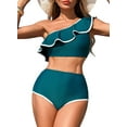 thumbnail image 1 of Eytino Bikini Set for Women Two Piece Swimsuits One Shoulder Swimsuits for Women Color Block Trim Ruffle Hem Bathing Suits Beach Swimwear Sea Green 2XL, 1 of 8