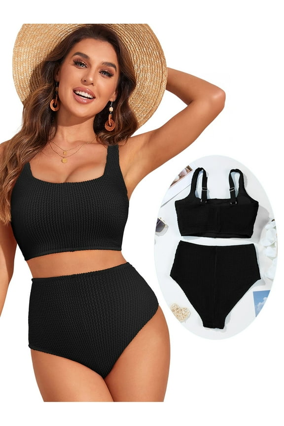 Bikini Set for Women Scrunch Square Neck Two Piece Swimsuits Color Block High Waisted Bathing Suits Swim Suit Summer Swimwear Black XS