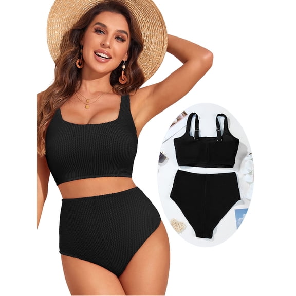 Eytino Bikini Set for Women Scrunch Square Neck Two Piece Swimsuits Color Block High Waisted Bathing Suits Swim Suit Summer Swimwear Black XS