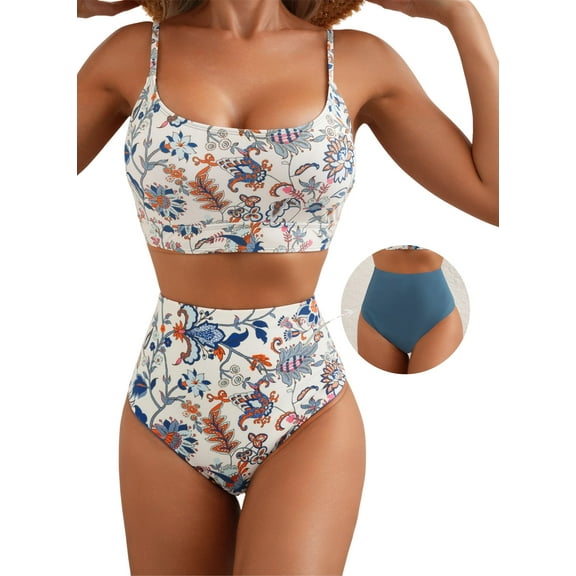 Eytino Bikini Sets for Womens High Waisted Bathing Suits Color Block Swim Suits Two Piece Swimsuit Swim Top with Reversible Bottom Swimwear Blue