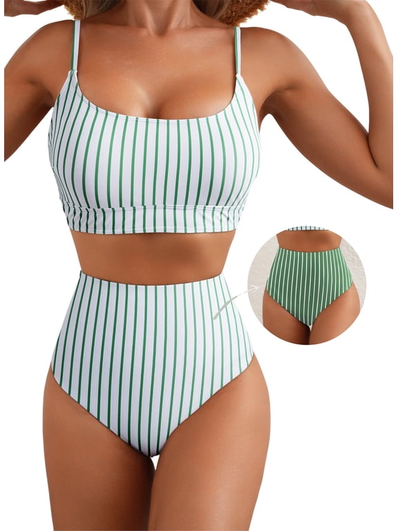 Bikini Sets for Womens High Waisted Bathing Suits Color Block Swim Suits Two Piece Swimsuit Swim Top with Reversible Bottom Swimwear Green