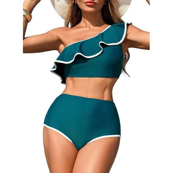 Eytino Bikini Swimsuits for Women High Waisted Bikini Bathing Suit Color Block Trim Ruffle Hem Bathing Suits 2025 Summer Beach Swimwear Sea Green XL