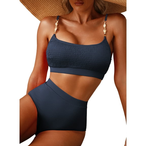 Eytino Bikinis for Women High Waisted Bathing Suits for Women Tummy Control Swimsuits Adjustable Shell Strap Bikini Set 2025 Summer Swimwear Navy Blue M