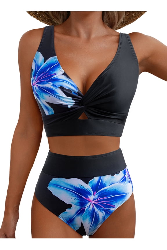 Bikinis for Women High Waisted Bathing Suits Two Piece Twist Front Swim Top Lily Print Swimsuits Swimming Color Block Swimwear