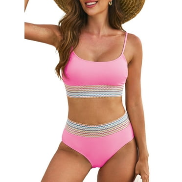 Eytino Bikinis for Women High Waisted Bathing Suits for Women 2 Piece Tummy Control Swimsuits Pink L