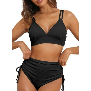 Eytino Bikinis for Women High Waisted Bikini Sets Swimsuit Ribbed V Neck Drawstring Tie Side Bottom Two Piece Bathing Suit Black M