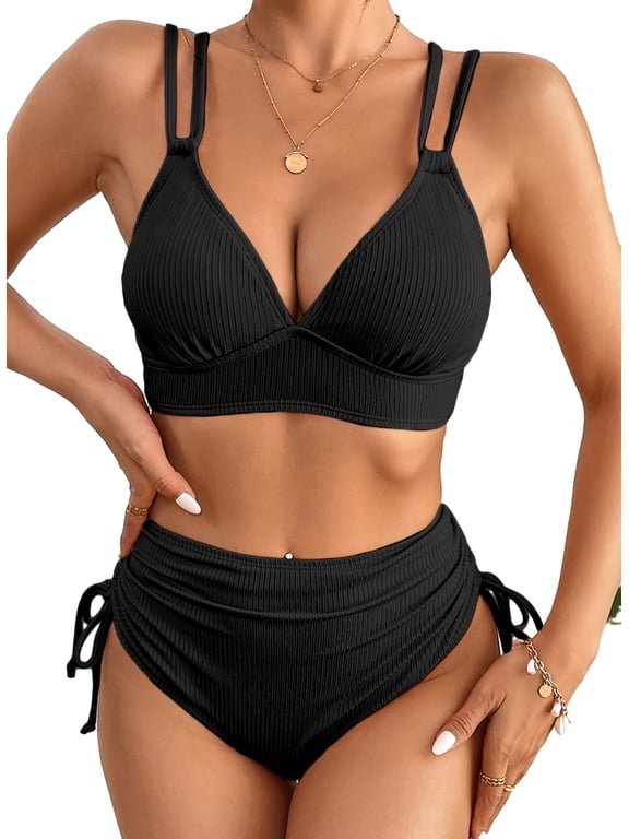 Bikinis for Women High Waisted Bikini Sets Swimsuit Ribbed V Neck Drawstring Tie Side Bottom Two Piece Bathing Suit Black M