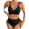 thumbnail image 1 of Eytino Bikinis for Women High Waisted Bikini Sets Swimsuit Ribbed V Neck Drawstring Tie Side Bottom Two Piece Bathing Suit Black XL, 1 of 10