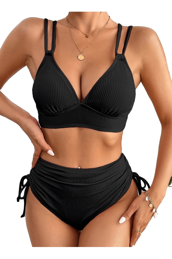 Bikinis for Women High Waisted Bikini Sets Swimsuit Ribbed V Neck Drawstring Tie Side Bottom Two Piece Bathing Suit Black XL