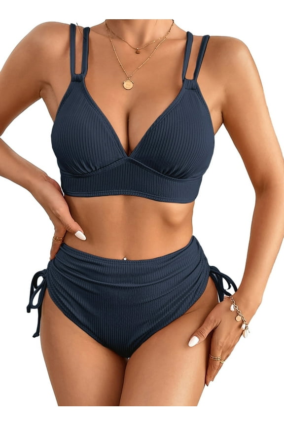 Bikinis for Women High Waisted Bikini Sets Swimsuit Ribbed V Neck Drawstring Tie Side Bottom Two Piece Bathing Suit Blue M