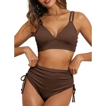 Eytino Bikinis for Women High Waisted Bikini Sets Swimsuit Ribbed V Neck Drawstring Tie Side Bottom Two Piece Bathing Suit Brown S