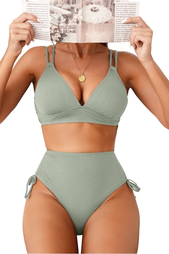Bikinis for Women High Waisted Bikini Sets Swimsuit Ribbed V Neck Drawstring Tie Side Bottom Two Piece Bathing Suit Green L