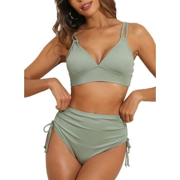 Eytino Bikinis for Women High Waisted Bikini Sets Swimsuit Ribbed V Neck Drawstring Tie Side Bottom Two Piece Bathing Suit Green S