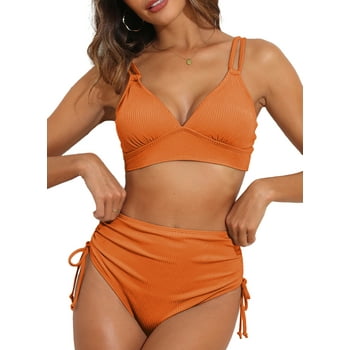 Eytino Bikinis for Women High Waisted Bikini Sets Swimsuit Ribbed V Neck Drawstring Tie Side Bottom Two Piece Bathing Suit Orange XL